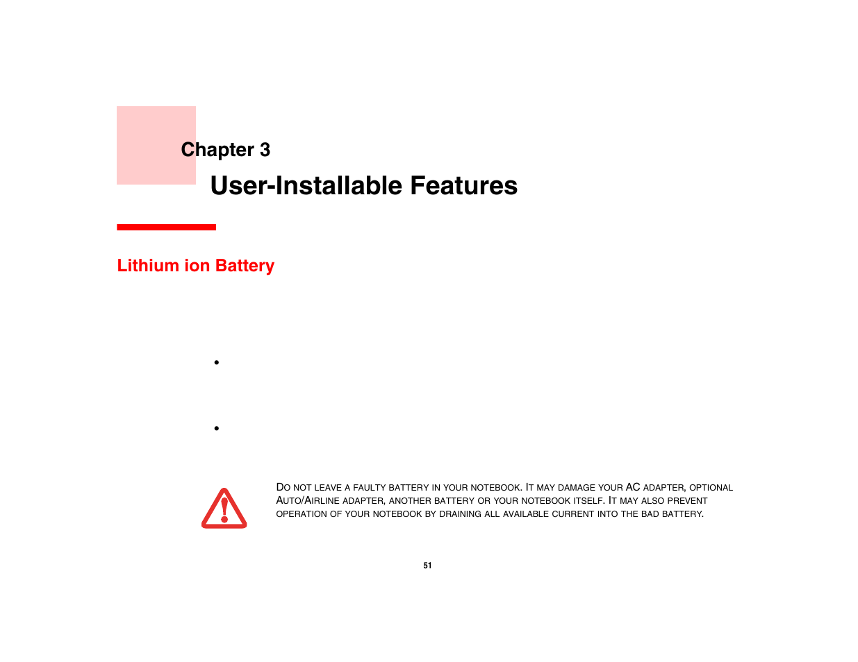 User-installable features, Lithium ion battery, Chapter 3 | FUJITSU V1010 User Manual | Page 56 / 162