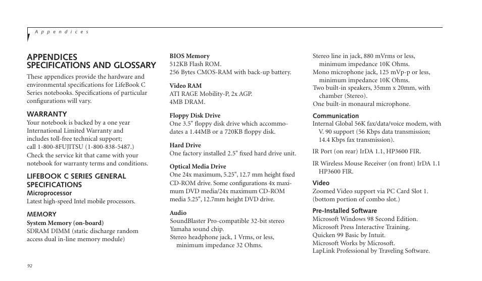 Appendices specifications and glossary | FUJITSU C-4120 User Manual | Page 106 / 120