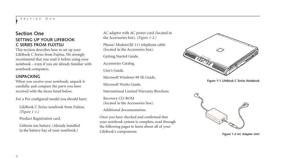 Setting up your lifebook c series from fujitsu, Unpacking | FUJITSU C-4120 User Manual | Page 16 / 120