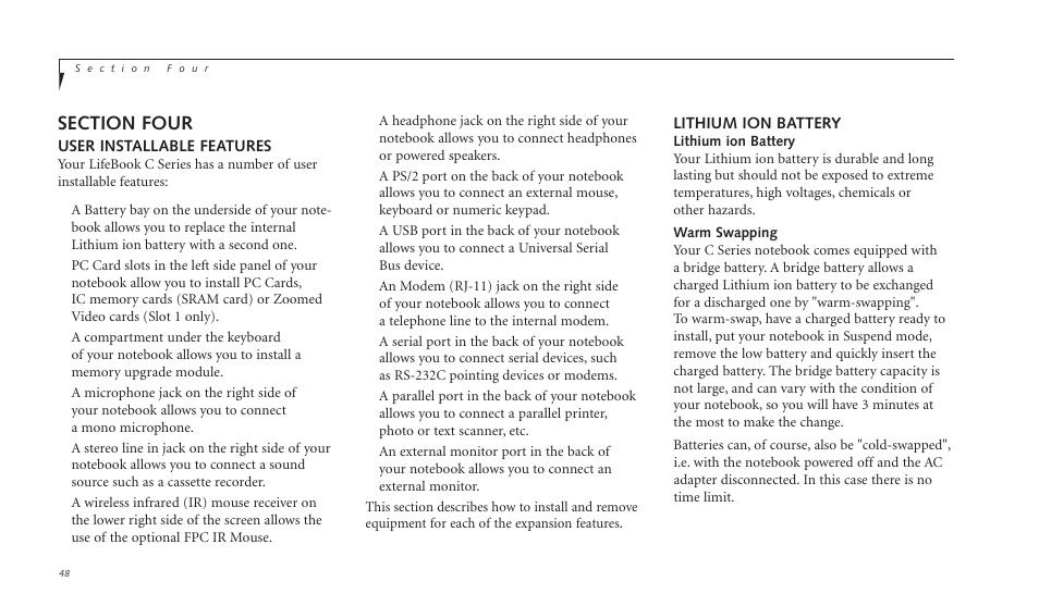 User installable features, Lithium ion battery | FUJITSU C-4120 User Manual | Page 62 / 120