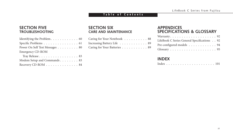 Appendices specifications & glossary, Index | FUJITSU C-4120 User Manual | Page 9 / 120