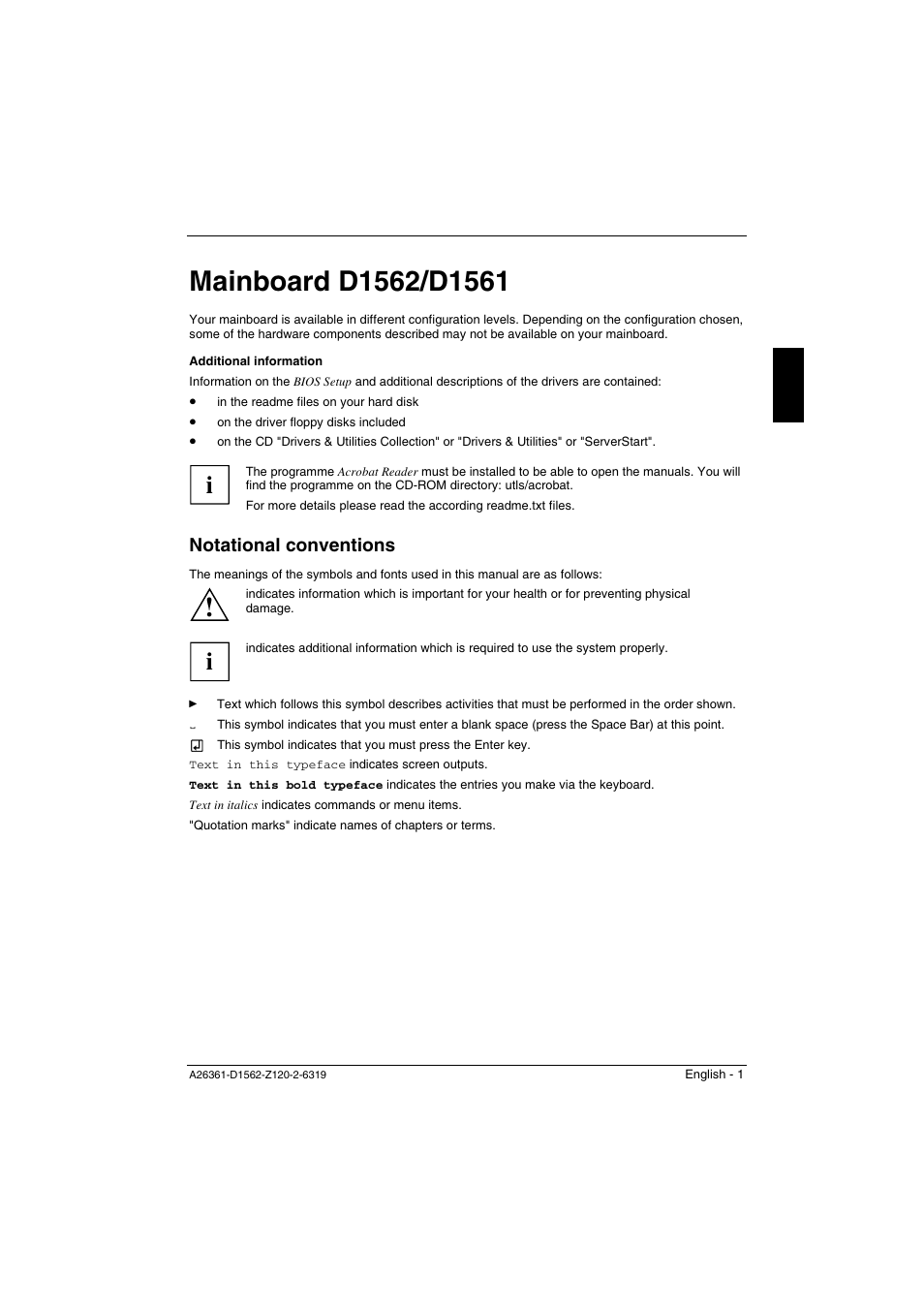 Mainboard d1562/d1561, Notational conventions | FUJITSU Mainboard D1562 User Manual | Page 11 / 45