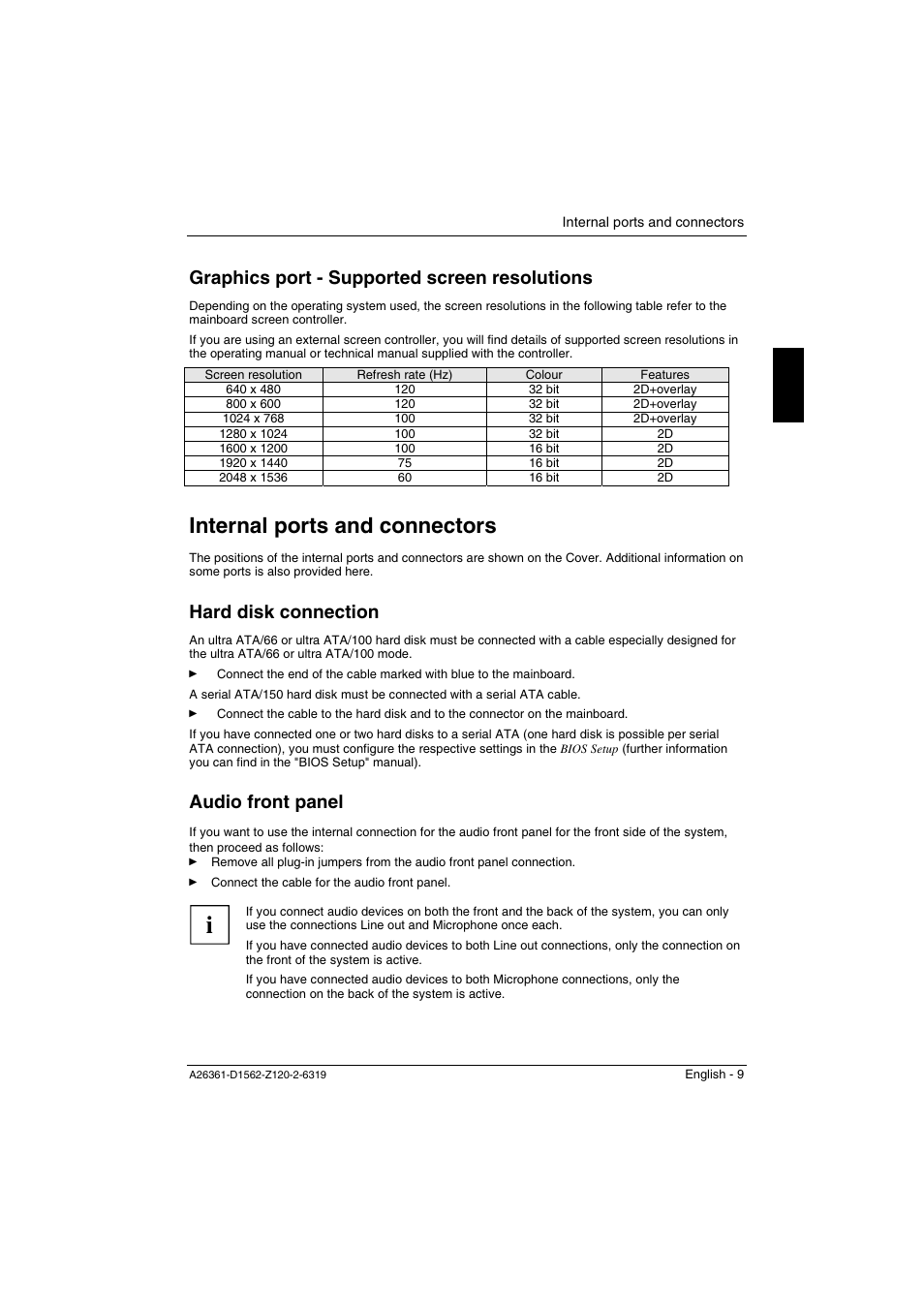 Graphics port - supported screen resolutions, Internal ports and connectors, Hard disk connection | Audio front panel, Hard disk connection audio front panel | FUJITSU Mainboard D1562 User Manual | Page 19 / 45