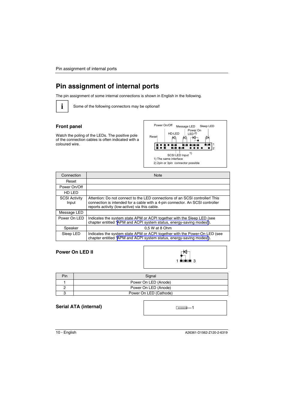 Pin assignment of internal ports, Front panel, Power on led ii | Serial ata (internal) | FUJITSU Mainboard D1562 User Manual | Page 20 / 45