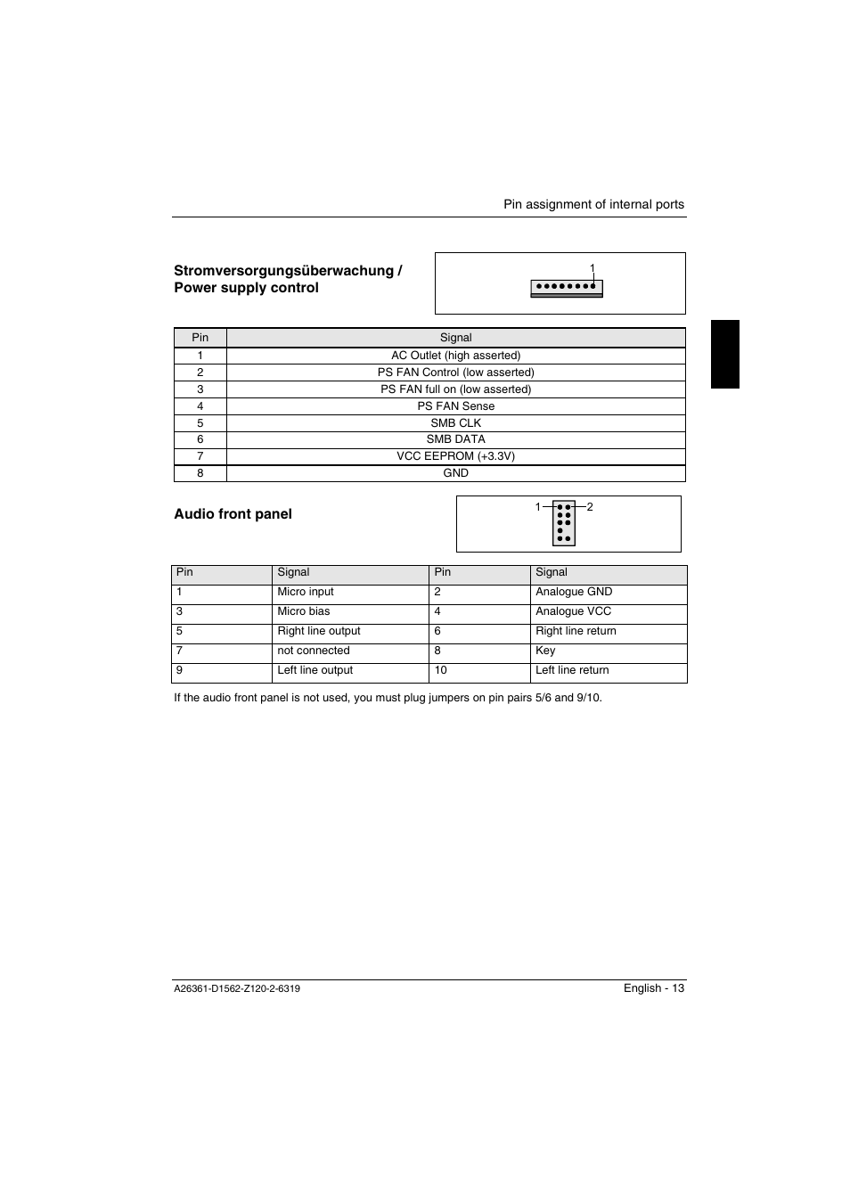 Stromversorgungsüberwachung / power supply contr, Audio front panel | FUJITSU Mainboard D1562 User Manual | Page 23 / 45