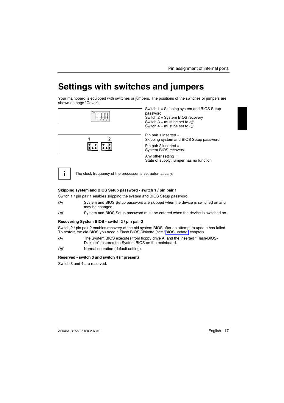 Settings with switches and jumpers | FUJITSU Mainboard D1562 User Manual | Page 27 / 45