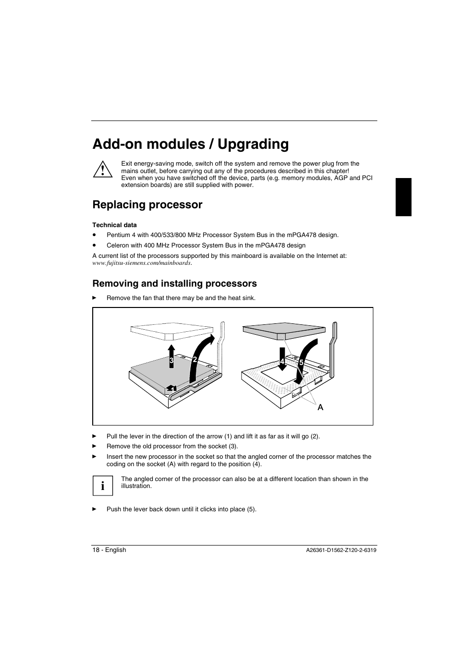 Add-on modules / upgrading, Replacing processor, Removing and installing processors | Add-on modules / upgrading replacing processor | FUJITSU Mainboard D1562 User Manual | Page 28 / 45