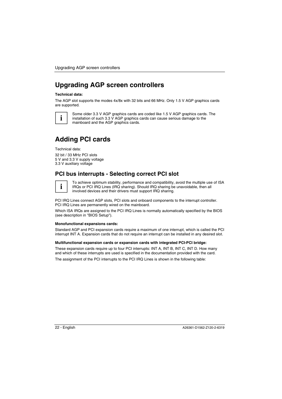Upgrading agp screen controllers, Adding pci cards, Pci bus interrupts - selecting correct pci slot | Upgrading agp screen controllers adding pci cards | FUJITSU Mainboard D1562 User Manual | Page 32 / 45