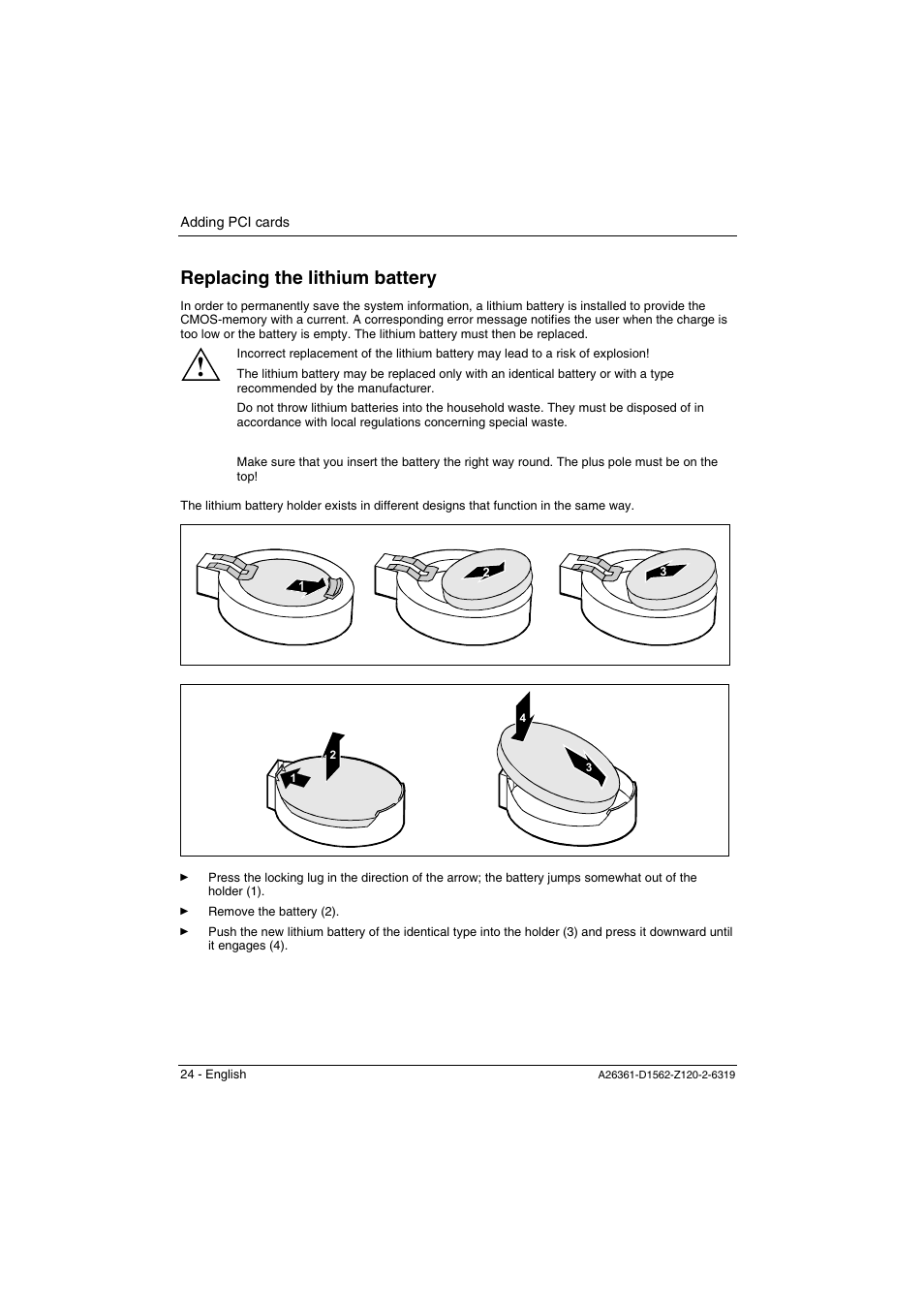Replacing the lithium battery | FUJITSU Mainboard D1562 User Manual | Page 34 / 45