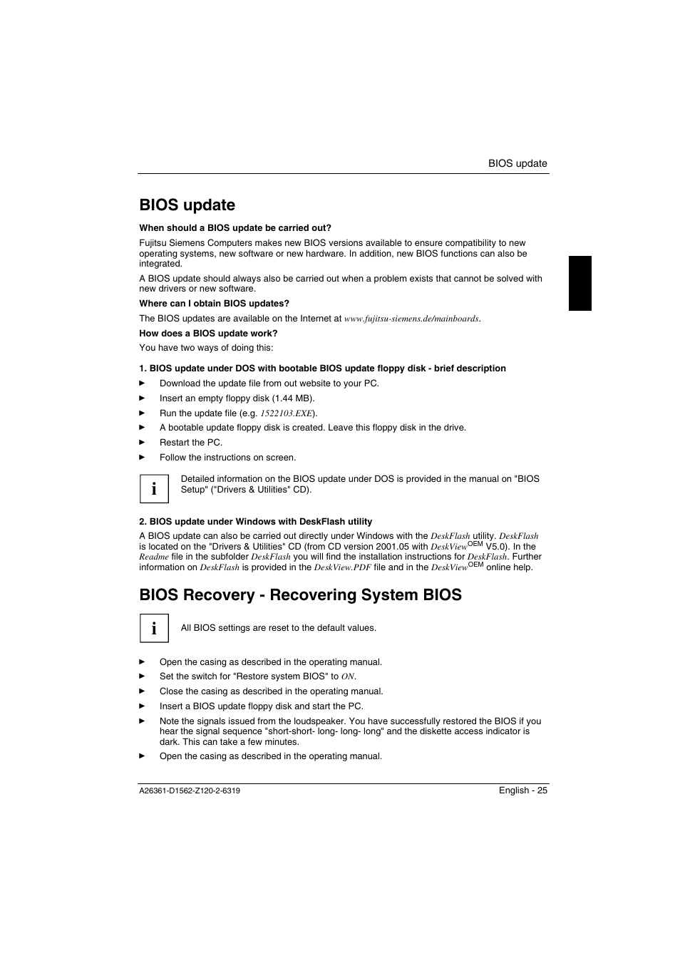 Bios update, Bios recovery - recovering system bios, Bios update bios recovery - recovering system bios | FUJITSU Mainboard D1562 User Manual | Page 35 / 45