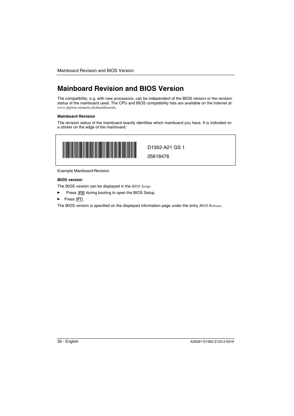 Mainboard revision and bios version | FUJITSU Mainboard D1562 User Manual | Page 40 / 45
