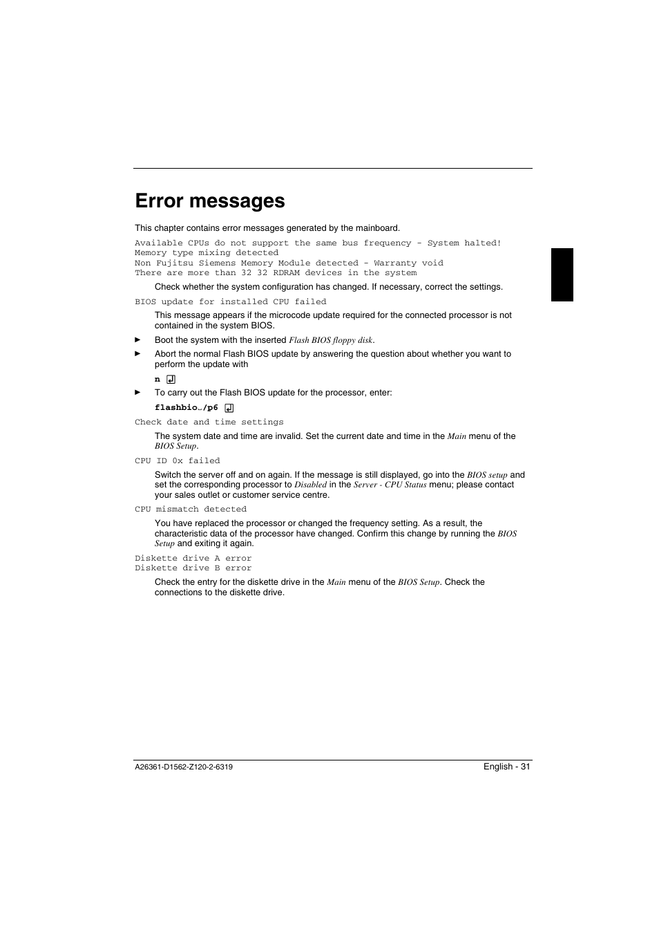 Error messages | FUJITSU Mainboard D1562 User Manual | Page 41 / 45