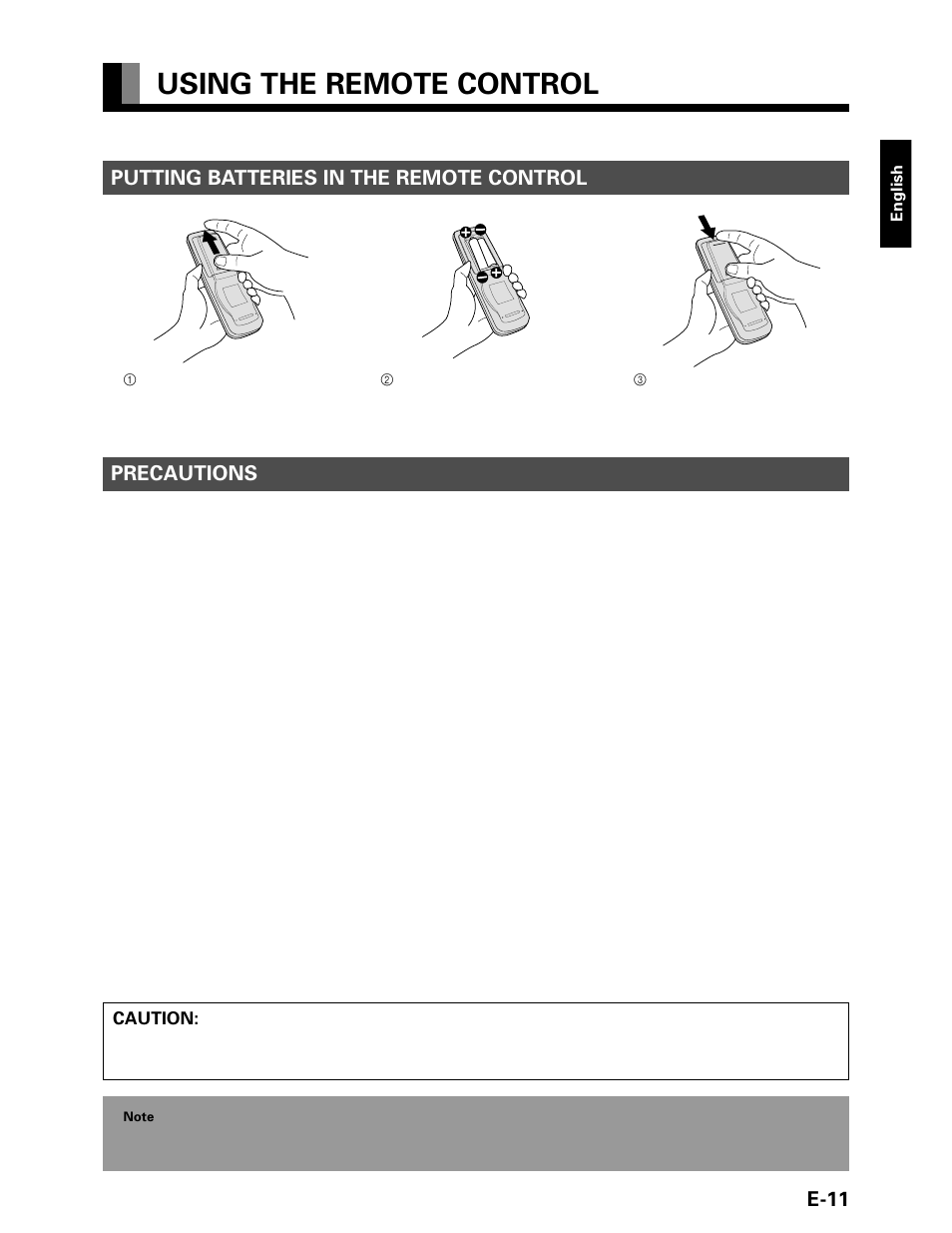 Using the remote control, E-11, Putting batteries in the remote control | Precautions | FUJITSU P42VHA20W User Manual | Page 11 / 45