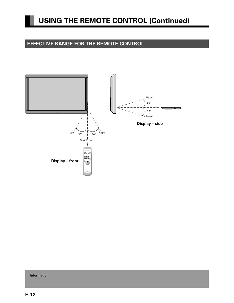 Using the remote control (continued), E-12 effective range for the remote control | FUJITSU P42VHA20W User Manual | Page 12 / 45