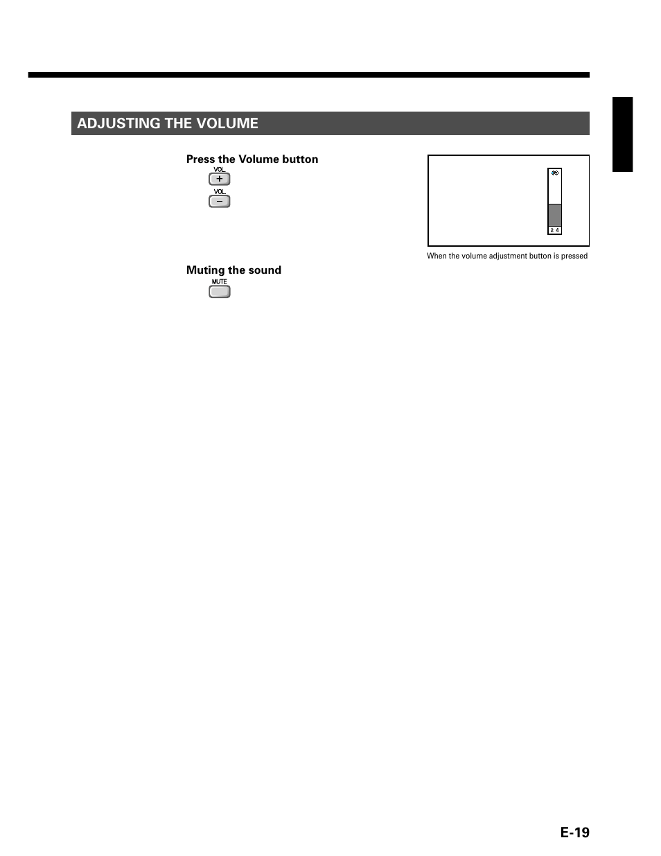 E-19, Adjusting the volume | FUJITSU P42VHA20W User Manual | Page 19 / 45