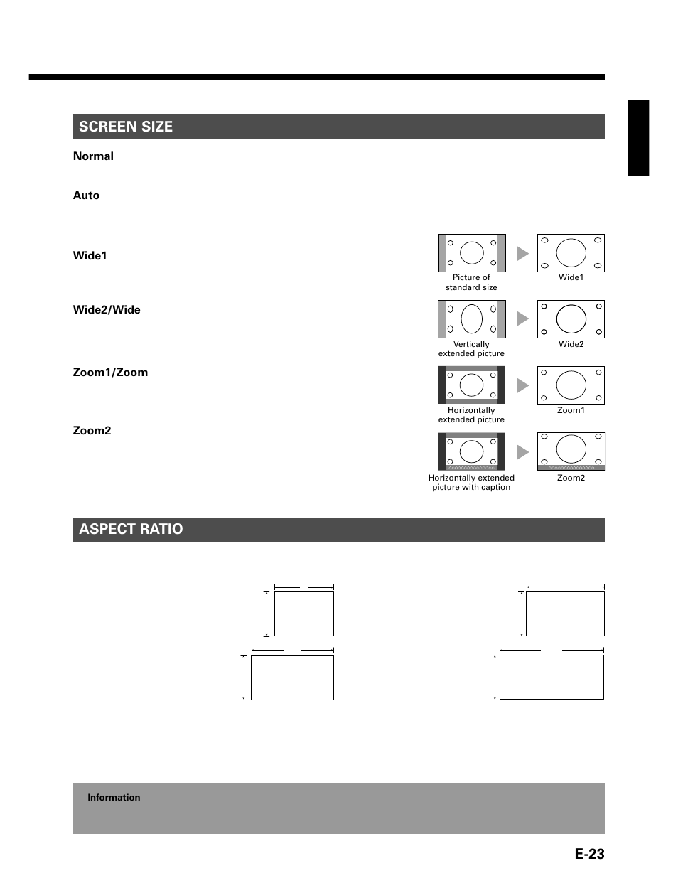 E-23, Screen size aspect ratio | FUJITSU P42VHA20W User Manual | Page 23 / 45