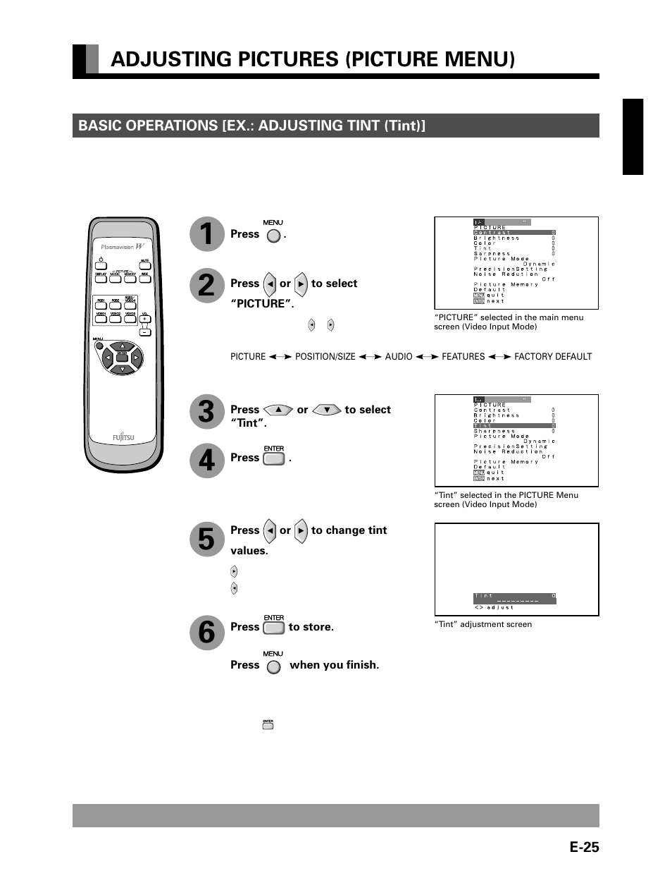 Adjusting pictures (picture menu) | FUJITSU P42VHA20W User Manual | Page 25 / 45