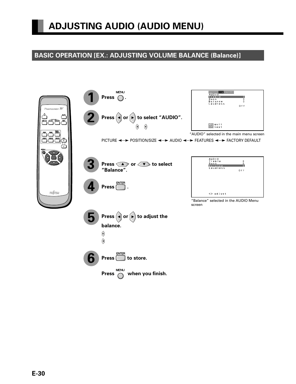 Adjusting audio (audio menu) | FUJITSU P42VHA20W User Manual | Page 30 / 45