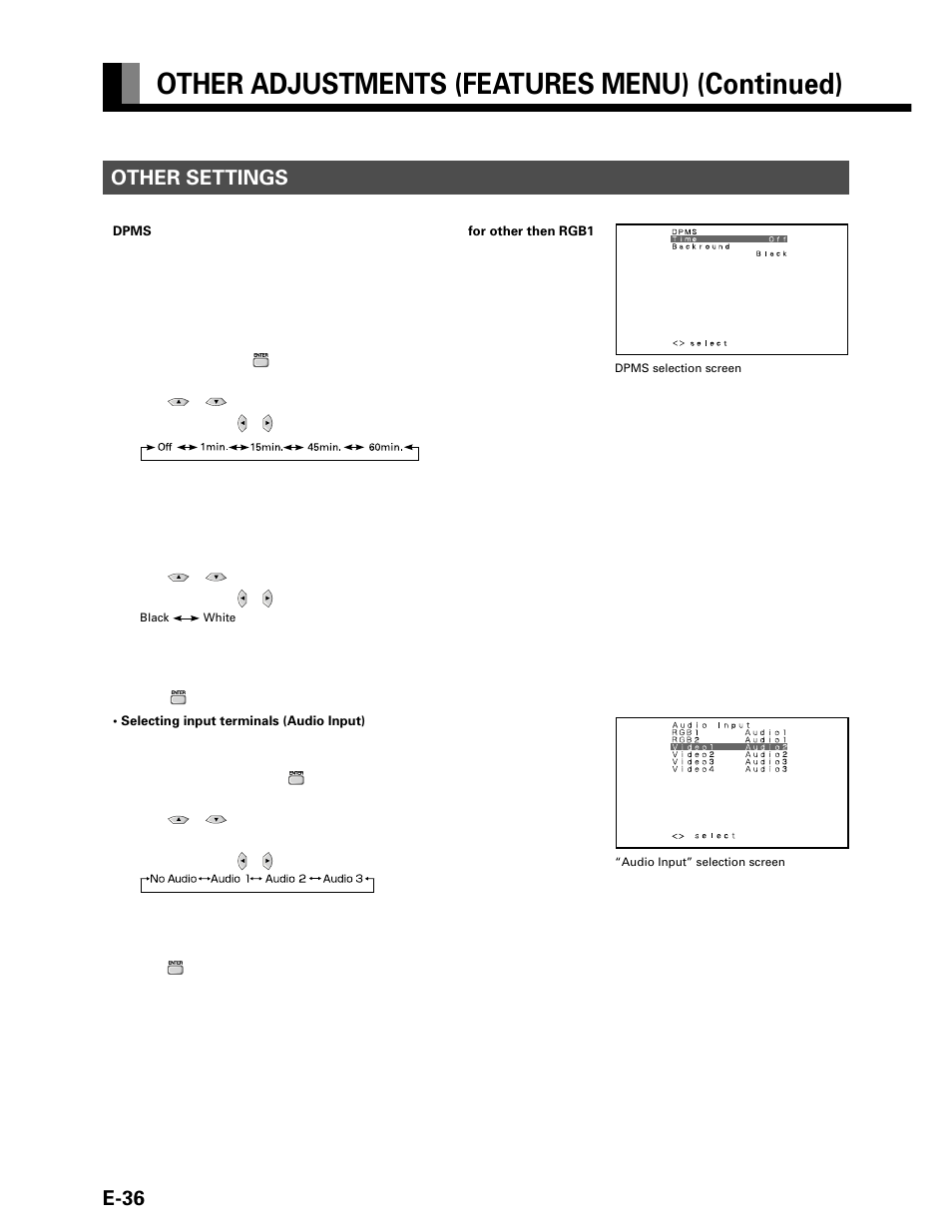Other adjustments (features menu) (continued), E-36, Other settings | FUJITSU P42VHA20W User Manual | Page 36 / 45