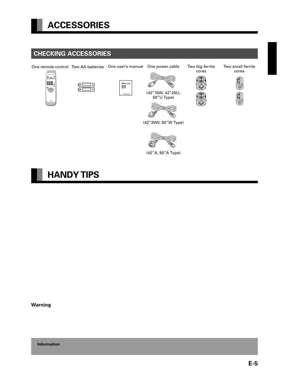 Accessories handy tips, Checking accessories | FUJITSU P42VHA20W User Manual | Page 5 / 45