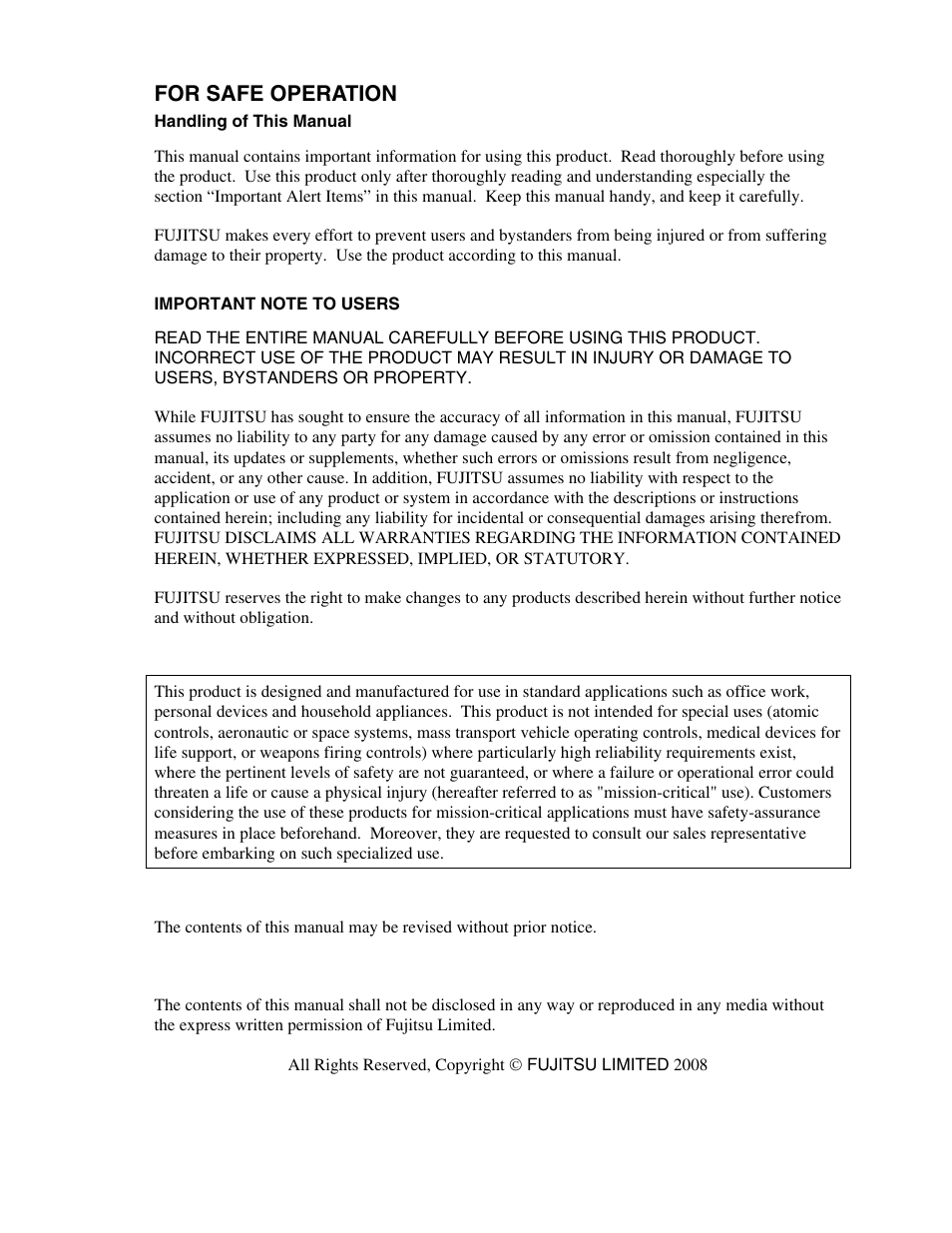 For safe operation | FUJITSU MHZ2250BJ User Manual | Page 2 / 320
