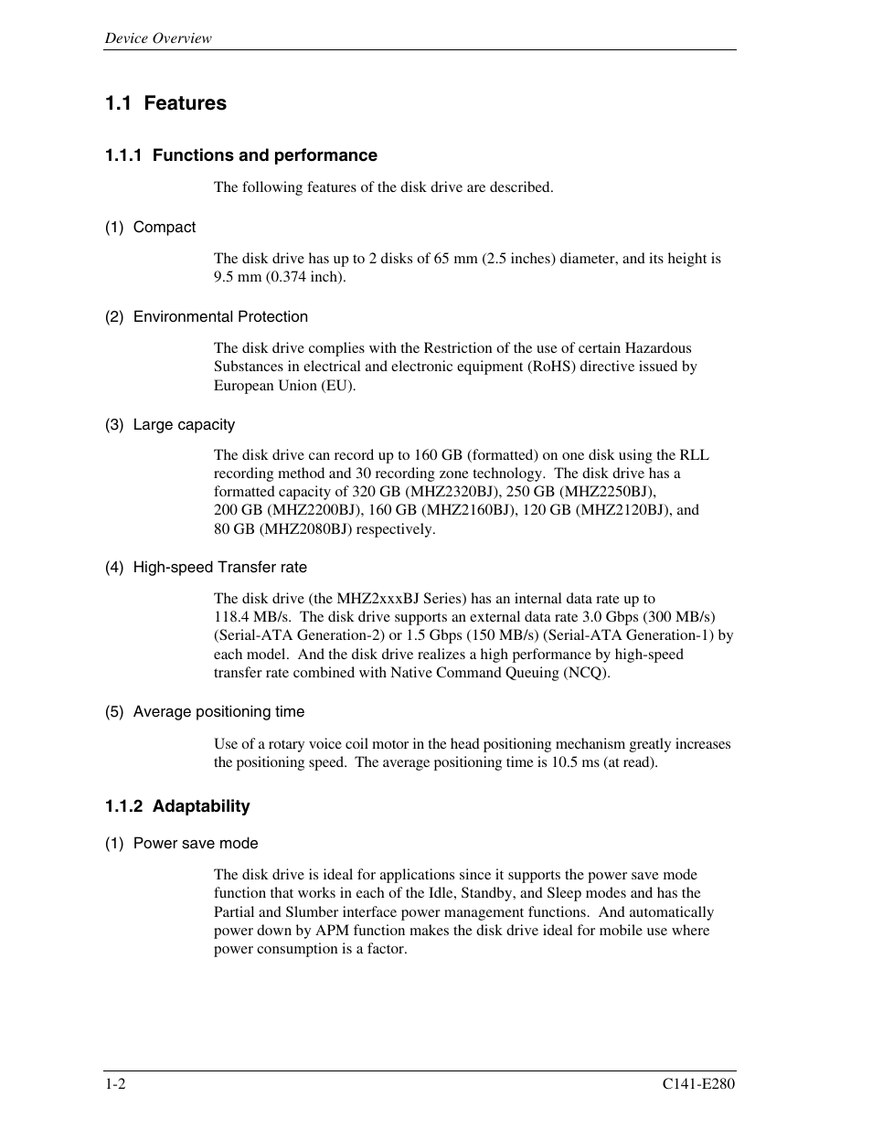 1 features, 1 functions and performance, 2 adaptability | FUJITSU MHZ2250BJ User Manual | Page 24 / 320