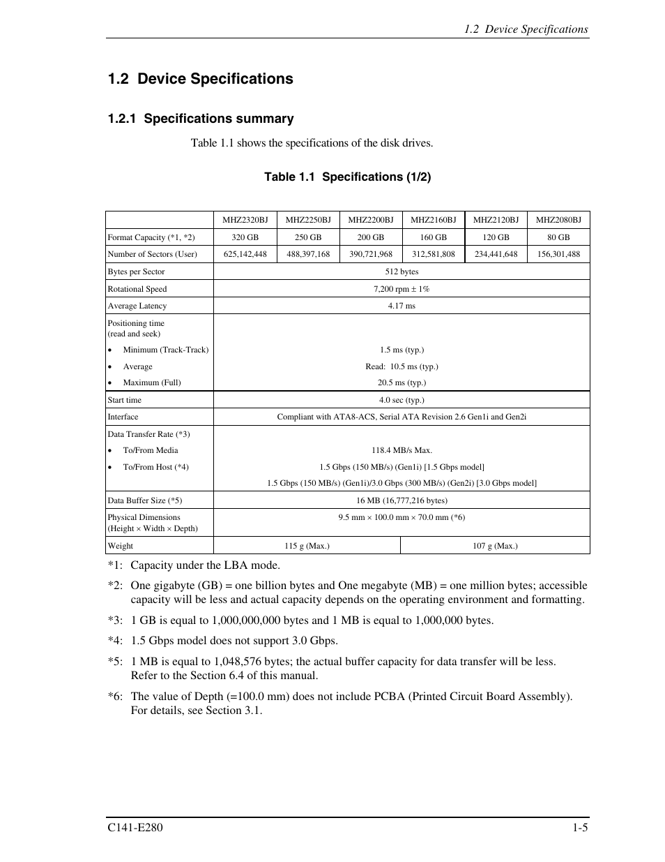 2 device specifications, 1 specifications summary | FUJITSU MHZ2250BJ User Manual | Page 27 / 320