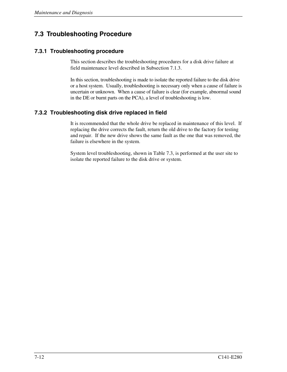 3 troubleshooting procedure, 1 troubleshooting procedure, 2 troubleshooting disk drive replaced in field | FUJITSU MHZ2250BJ User Manual | Page 296 / 320