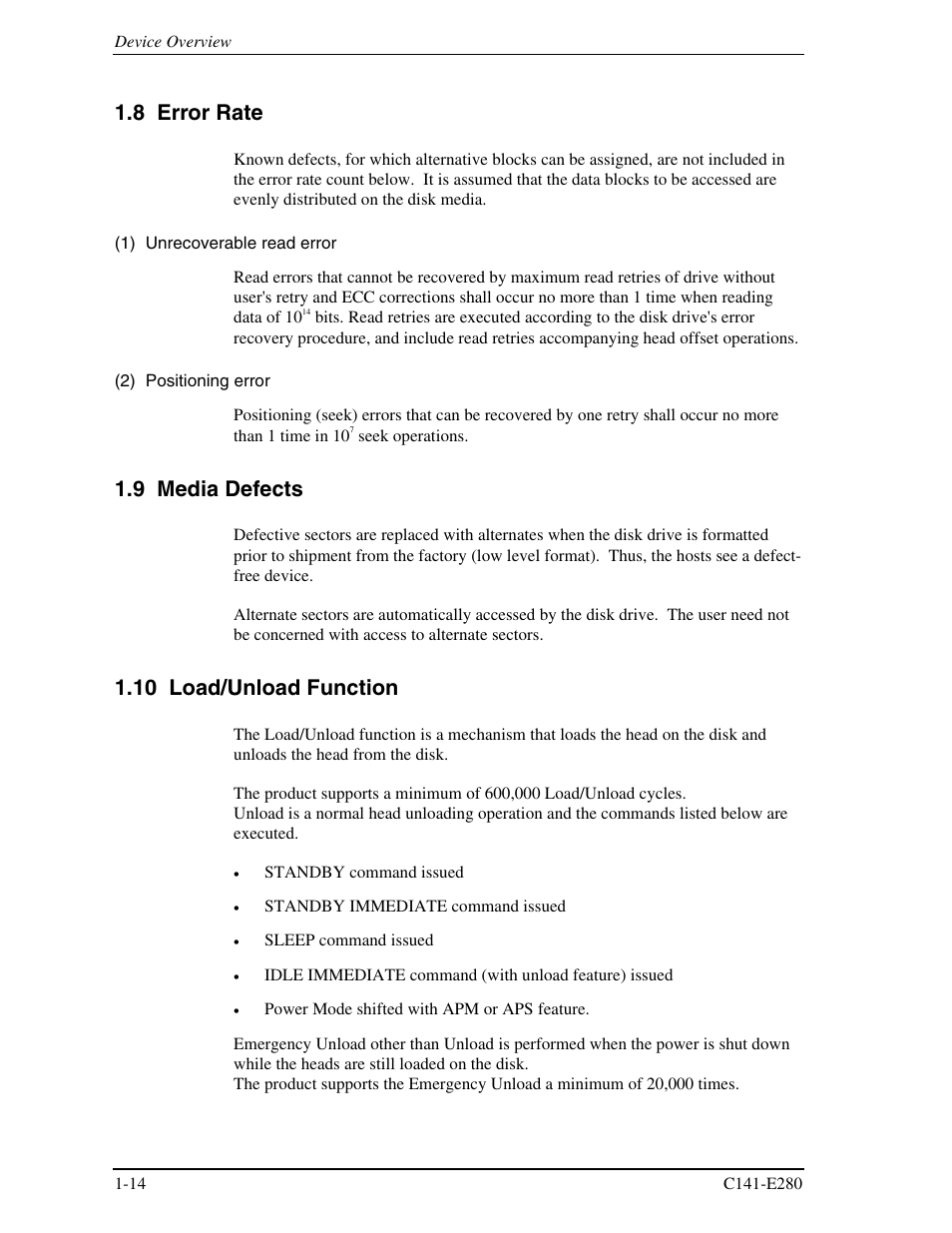 8 error rate, 9 media defects, 10 load/unload function | FUJITSU MHZ2250BJ User Manual | Page 36 / 320