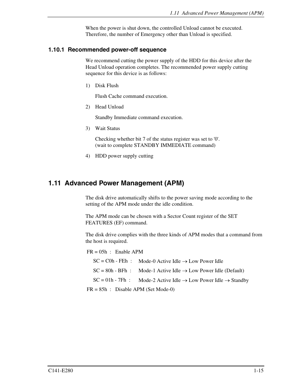 1 recommended power-off sequence, 11 advanced power management (apm) | FUJITSU MHZ2250BJ User Manual | Page 37 / 320