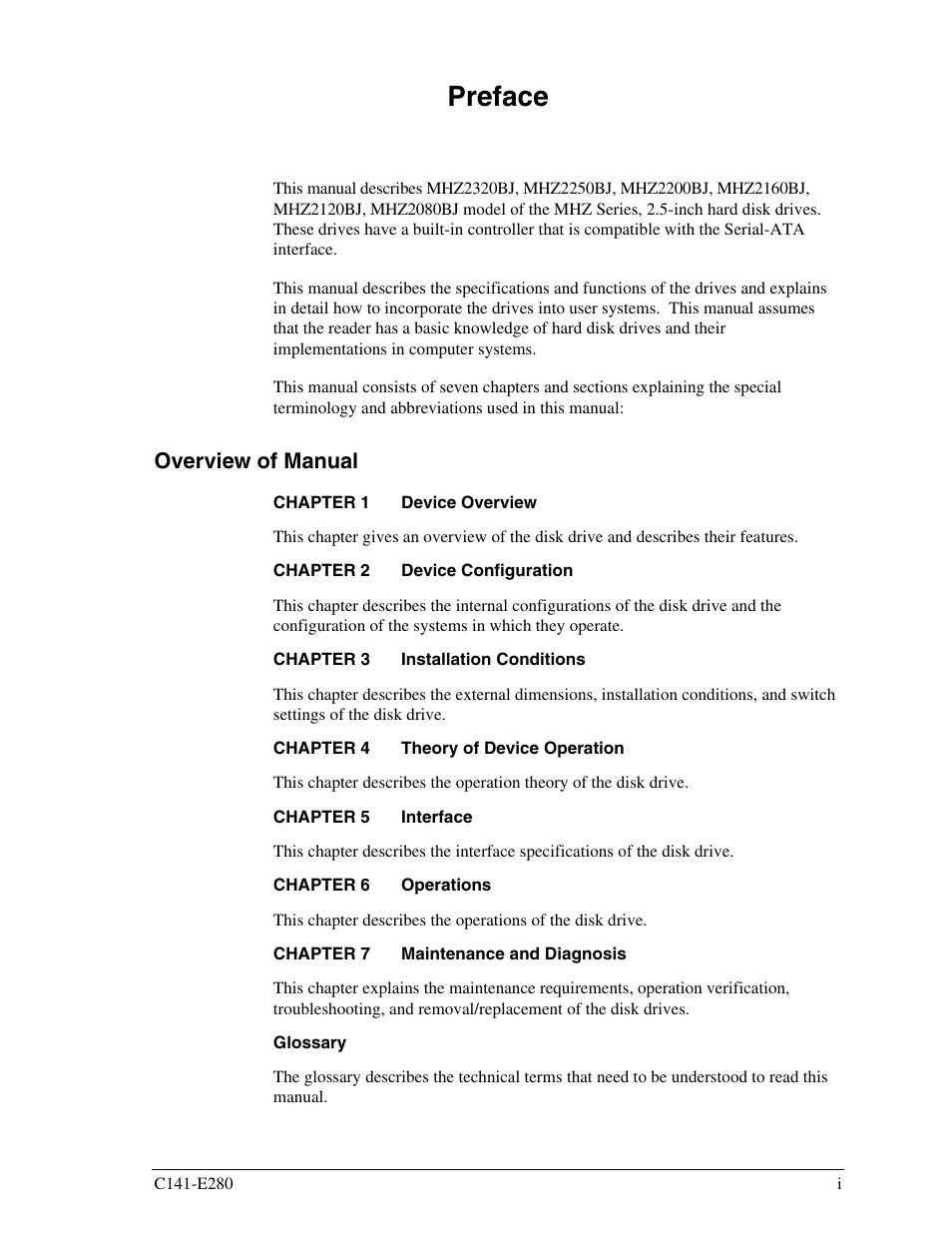 Preface, Overview of manual | FUJITSU MHZ2250BJ User Manual | Page 5 / 320