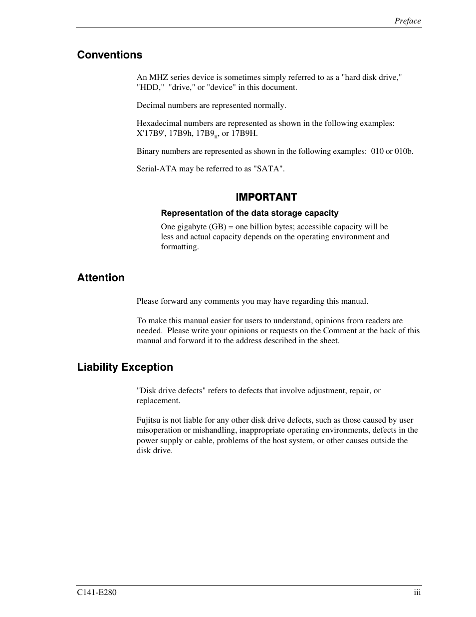 Conventions, Attention, Liability exception | FUJITSU MHZ2250BJ User Manual | Page 7 / 320