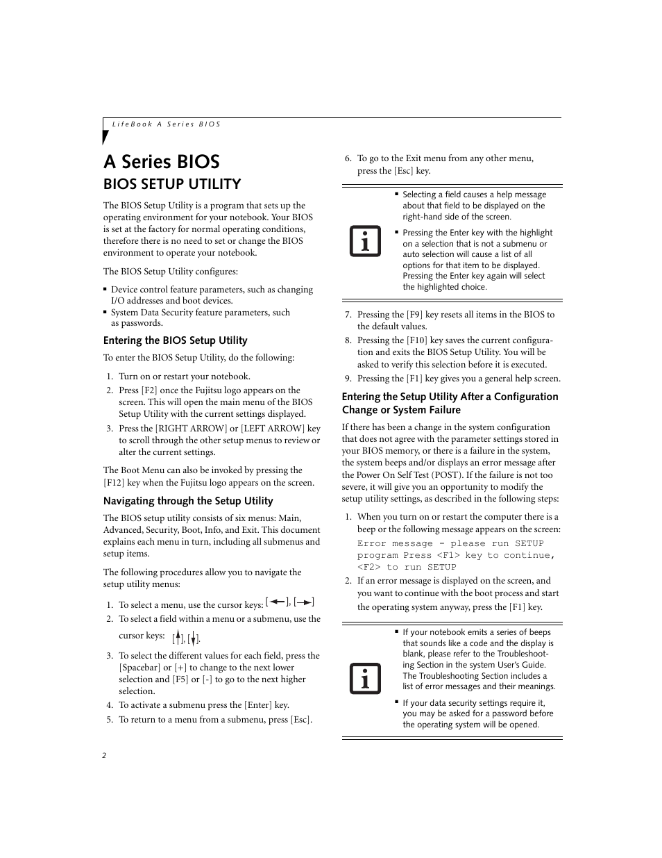 A series bios, Bios setup utility, Entering the bios setup utility | Navigating through the setup utility | FUJITSU A3110 User Manual | Page 2 / 31