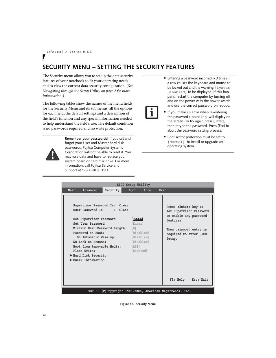 Security menu - setting the security features, Security menu – setting the security features | FUJITSU A3110 User Manual | Page 20 / 31