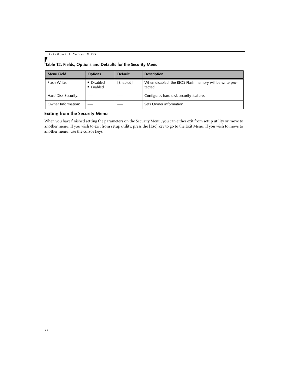 Exiting from the security menu | FUJITSU A3110 User Manual | Page 22 / 31