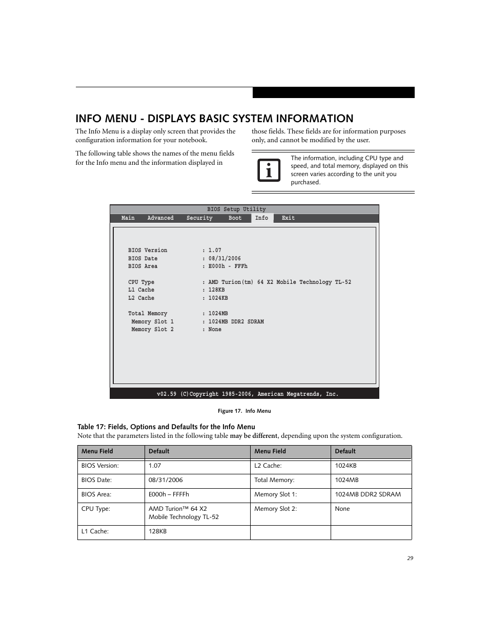 Info menu - displays basic system information | FUJITSU A3110 User Manual | Page 29 / 31