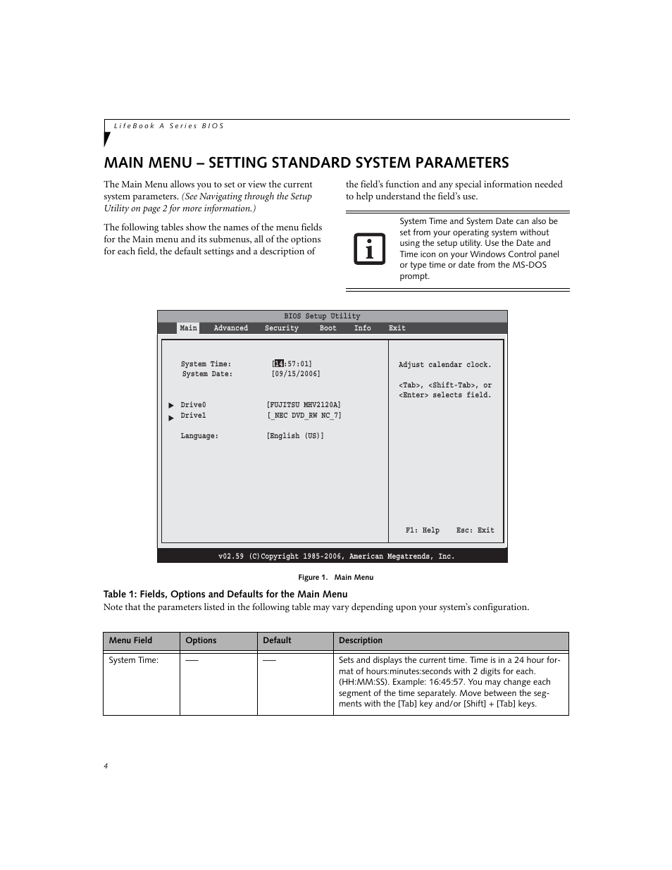 Main menu - setting standard system parameters, Main menu – setting standard system parameters | FUJITSU A3110 User Manual | Page 4 / 31