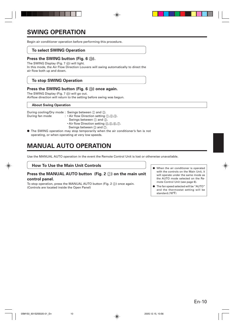 Swing operation manual auto operation, En-10 | FUJITSU HALCYON AOU18CL User Manual | Page 13 / 19
