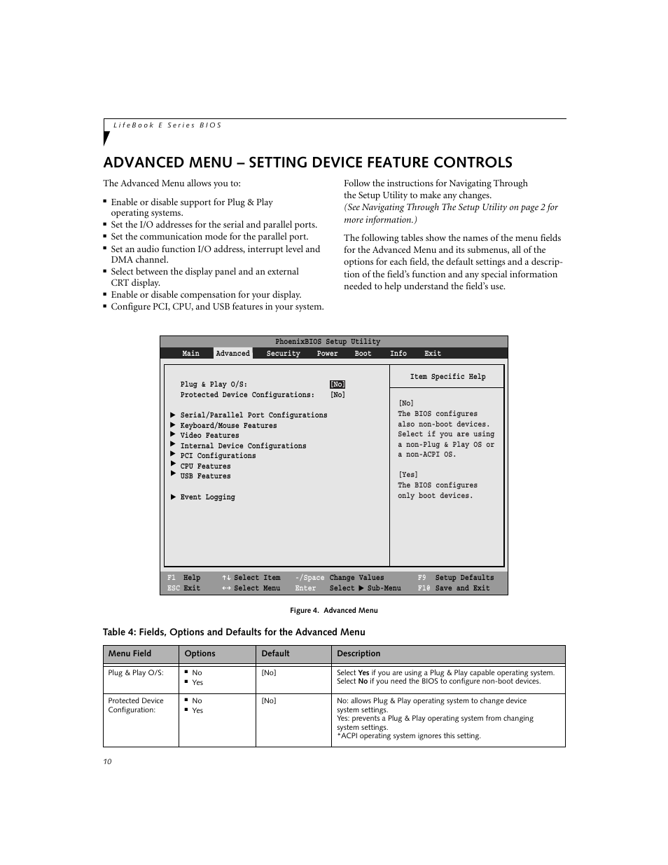 Advanced menu – setting device feature controls | FUJITSU Lifebook E-6634 User Manual | Page 10 / 32