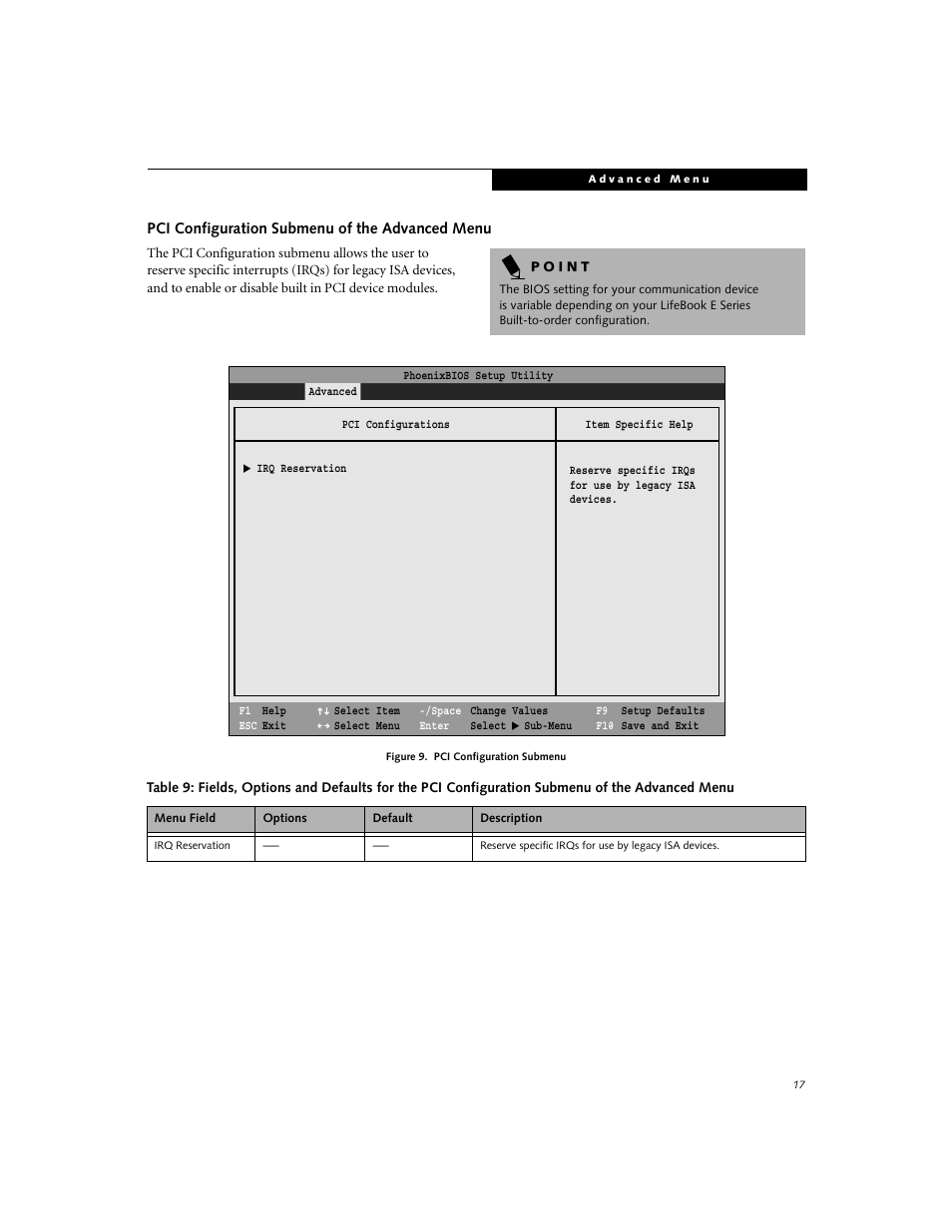 Pci configuration submenu of the advanced menu | FUJITSU Lifebook E-6634 User Manual | Page 17 / 32