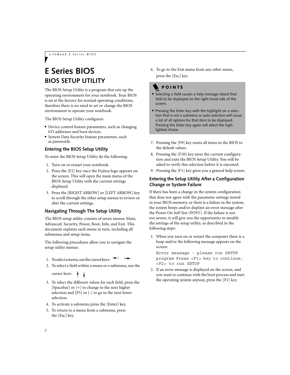 E series bios, Bios setup utility, Entering the bios setup utility | Navigating through the setup utility | FUJITSU Lifebook E-6634 User Manual | Page 2 / 32