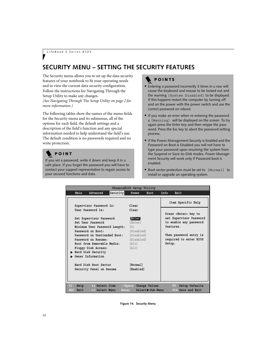 Security menu – setting the security features | FUJITSU Lifebook E-6634 User Manual | Page 22 / 32