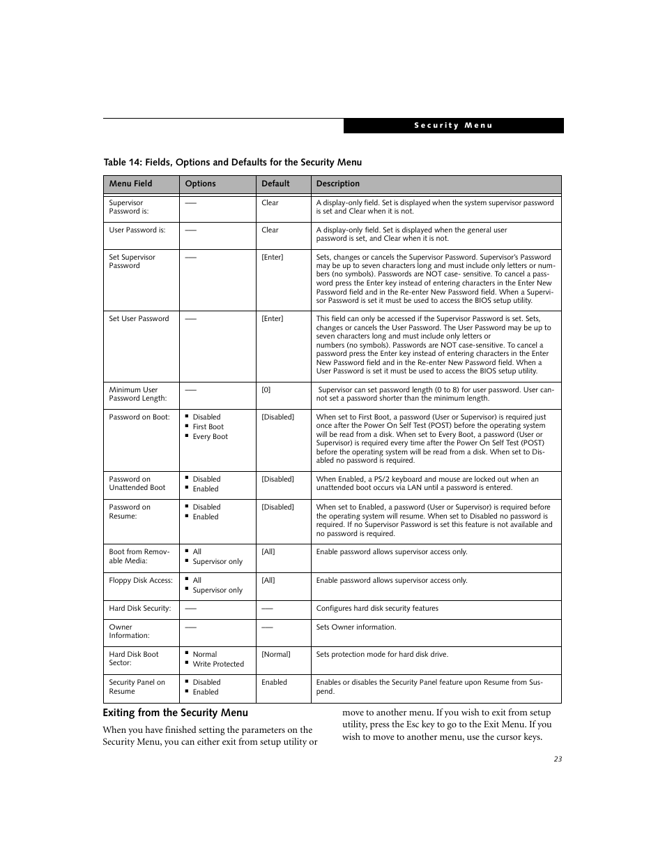 Exiting from the security menu | FUJITSU Lifebook E-6634 User Manual | Page 23 / 32