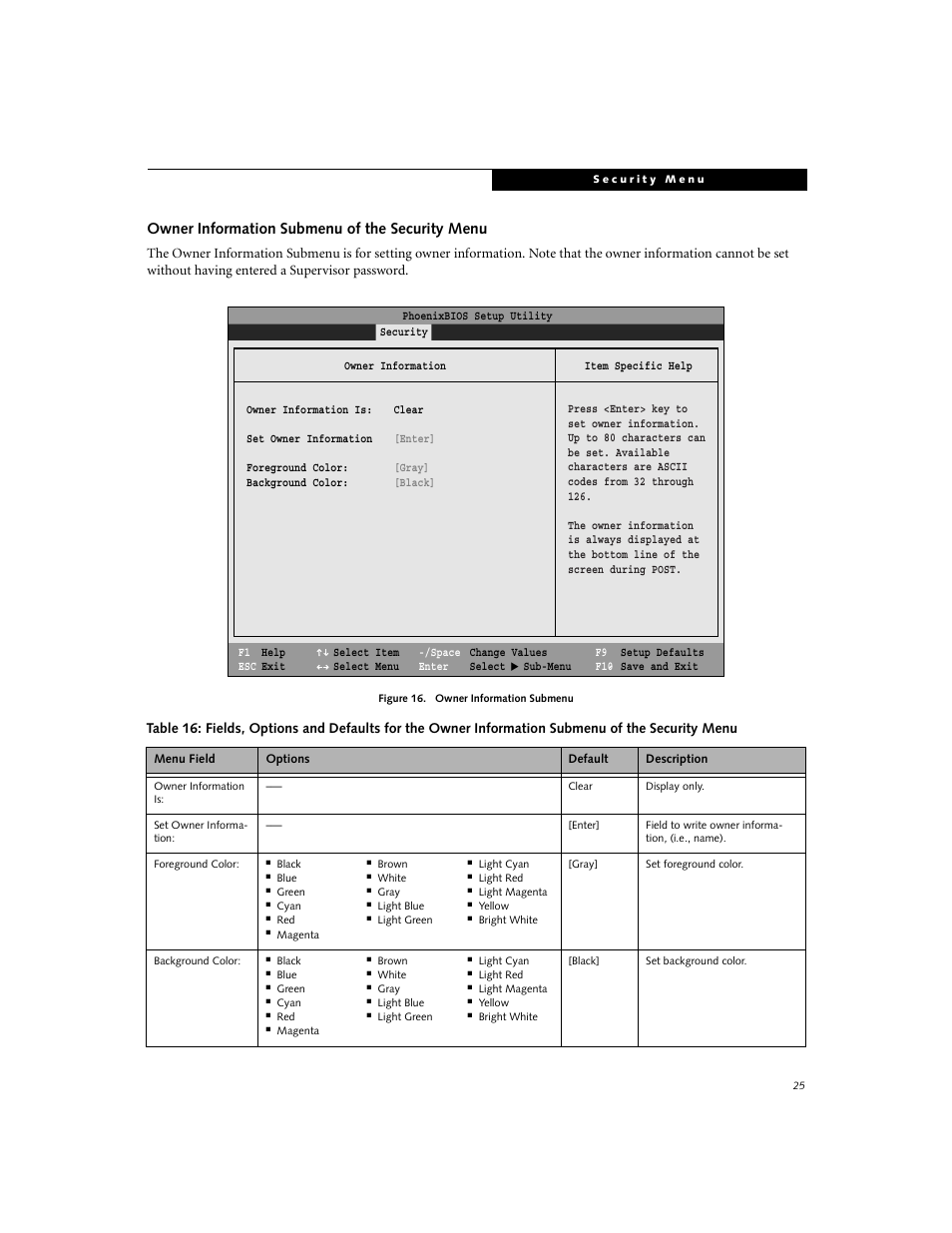 Owner information submenu of the security menu | FUJITSU Lifebook E-6634 User Manual | Page 25 / 32