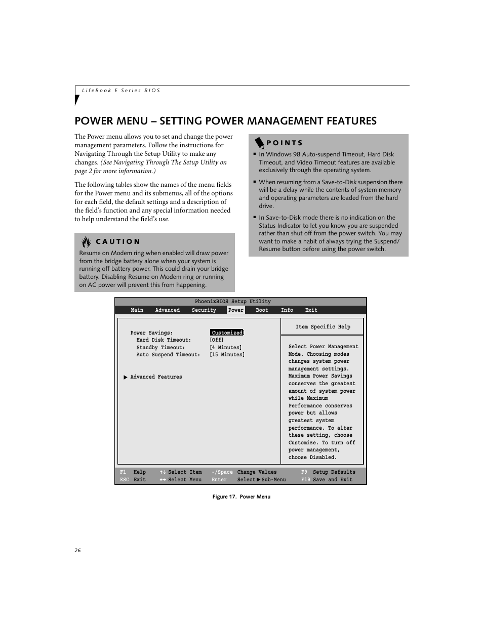 Power menu – setting power management features | FUJITSU Lifebook E-6634 User Manual | Page 26 / 32