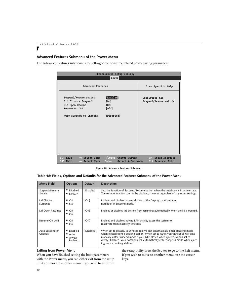 Advanced features submenu of the power menu | FUJITSU Lifebook E-6634 User Manual | Page 28 / 32