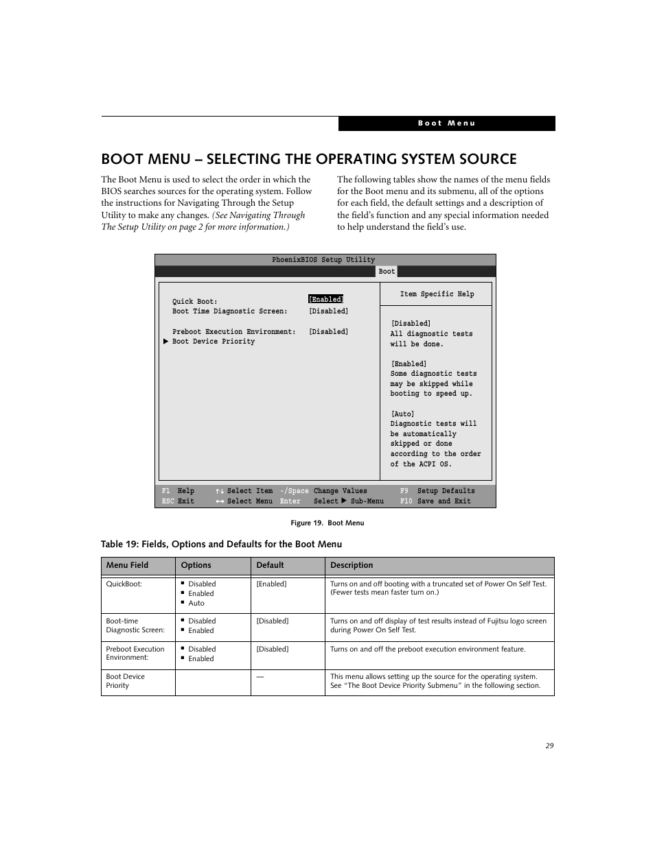 Boot menu – selecting the operating system source | FUJITSU Lifebook E-6634 User Manual | Page 29 / 32