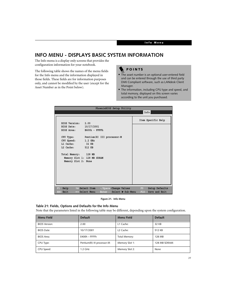 Info menu - displays basic system information | FUJITSU Lifebook E-6634 User Manual | Page 31 / 32