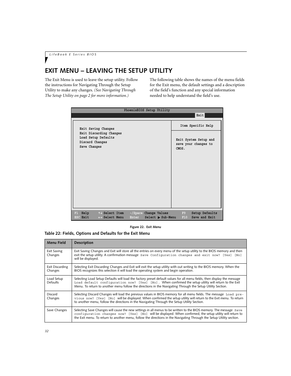 Exit menu – leaving the setup utility | FUJITSU Lifebook E-6634 User Manual | Page 32 / 32