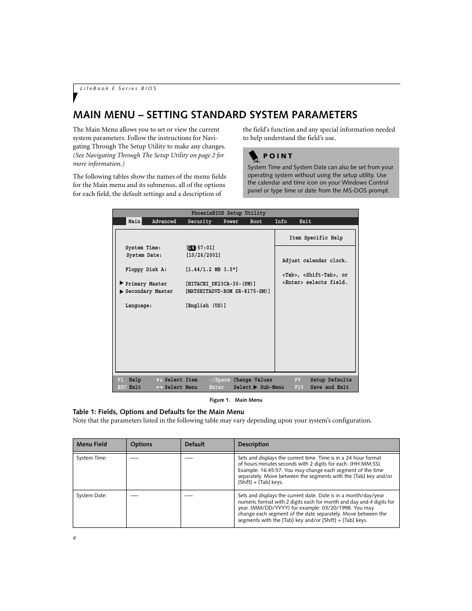 Main menu – setting standard system parameters | FUJITSU Lifebook E-6634 User Manual | Page 4 / 32